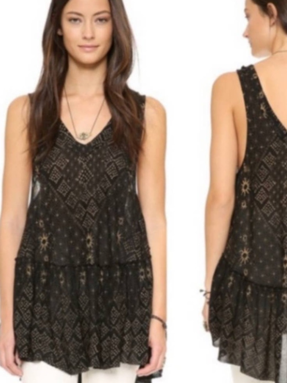 Boho Sleeveless Tunic Top Mini Dress Black Gold Celestial Print Free People